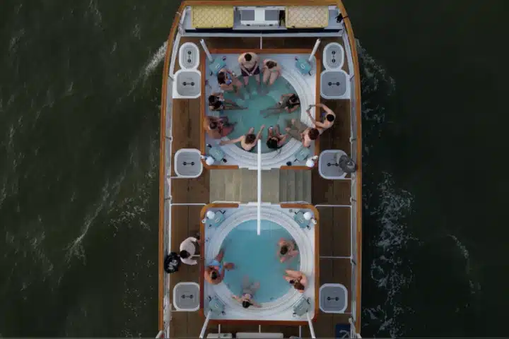 NYC hot tub boat arial view