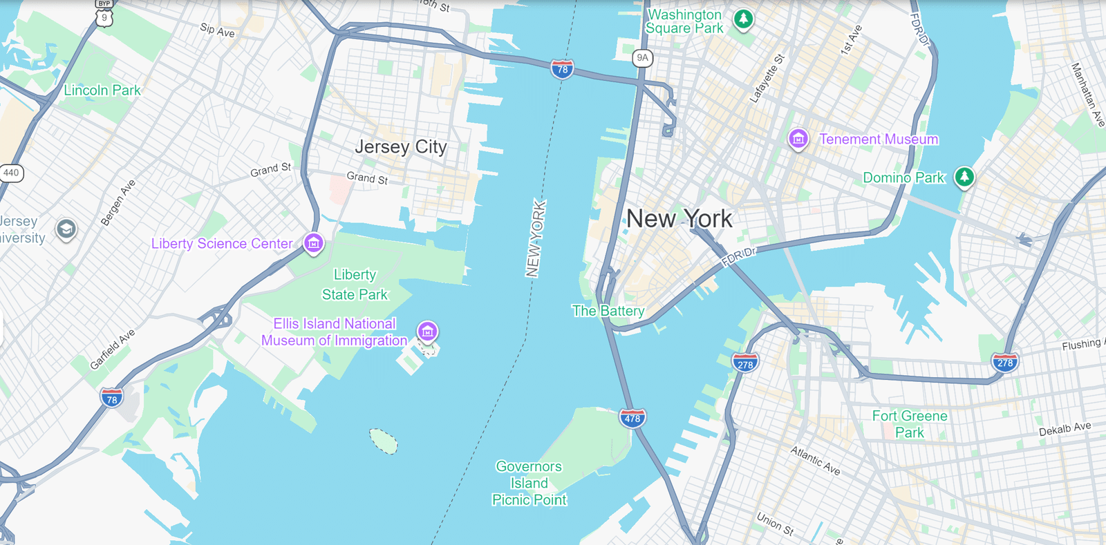 NYC hot tub boat cruise route map — departing Jersey City into New York Harbor past One World Trade Center, the Financial District, the Statue of Liberty and the Brooklyn Bridge