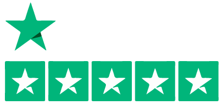 Trustpilot logo with a teal star and the word Trustpilot in white, followed by five green rating stars.