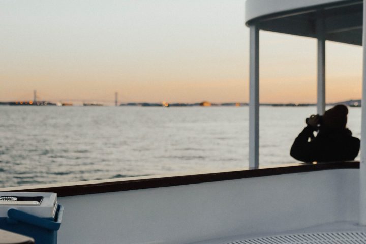 empty hot tub boat with Hudson river behind