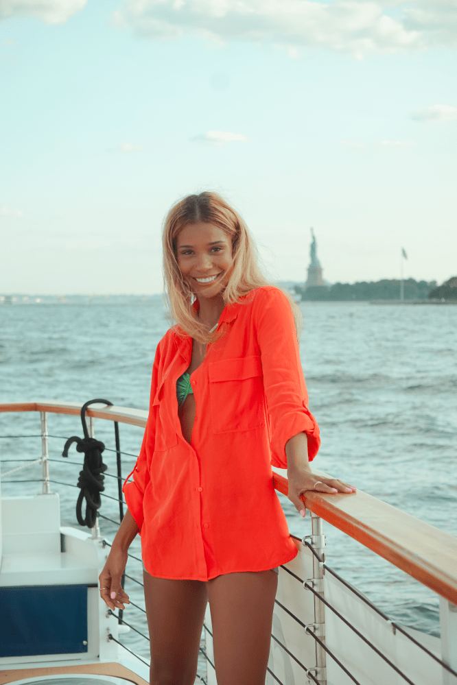 woman smiling on NYC Hot Tub Boat