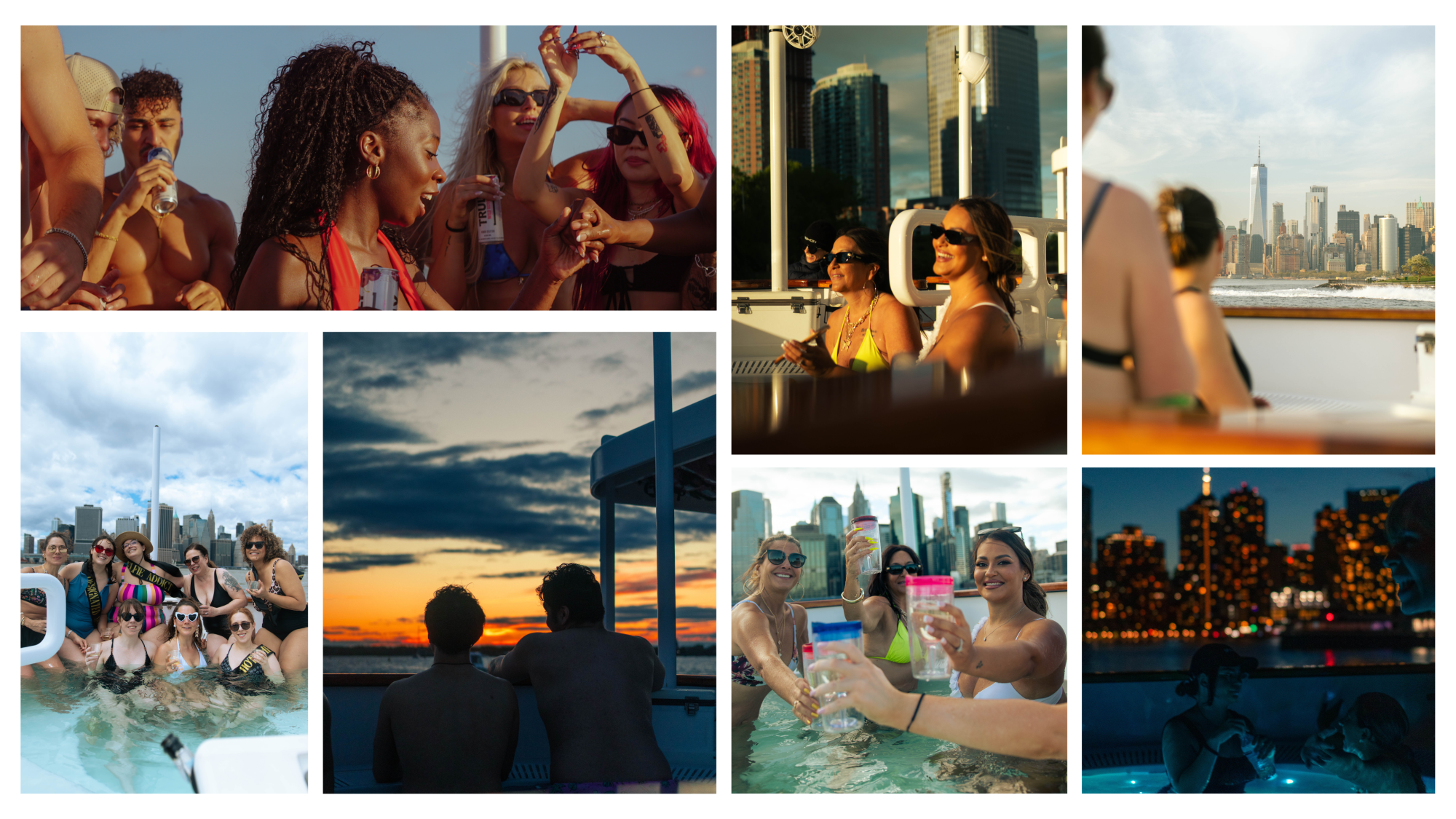 collage of groups enjoying the NYC Hot Tub Boat